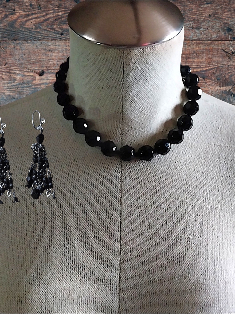Classic Black Faceted Bead Necklace with Matching Earrings